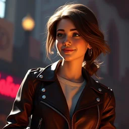 young adult woman in a leather jacket, disney pixar, natural light, ray tracing, trending on artstation, blu ray