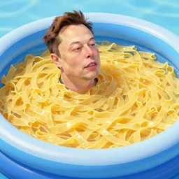 elon musk in a small blowup pool filled to the brim in fettuccine looking happy, sunny day, quite realistic, early years