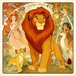 Simba lion king Disney , by Alphonse Mucha, Ayami Kojima, Amano, Charlie Bowater, Karol Bak, Greg Hildebrandt, Jean Delville, and Mark Brooks,