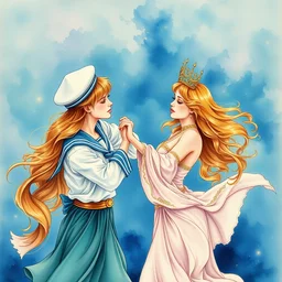 the sailor neptune dancing with the sailor uranus. beautiful, realistic painting by mucha and kuvshinov and bilibin. watercolor, thick lining