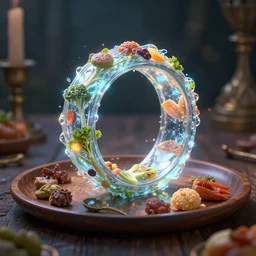 a closeup of a magical ring that generates food and water. magic. particles. cinematic lighting. particle lights. wooden plate. medieval table. delicacies food. trending on artstation, craig mullins, rutkowski