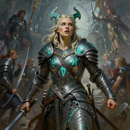 An oil painting of the Valkyrie viking goddess of anger, very aesthetic, detailed face, by Frank Frazetta, Greg Rutkowski, Boris Vallejo, Neal Hanson, Christian MacNevin, epic fantasy character art, goddess of war, teal-neon viking runes, detailed armor, high fantasy, full length, exquisite detail, post-processing, low angle, masterpiece, cinematic, odin's arena background
