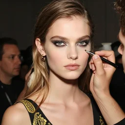 A beautiful portrait of Julia Stegner as a model at Versace fashion show Spring/Summer 2014, highly detailed, in the style of cinematic, fashionweek backstage,makeup by Pat Mcgrath, Shot by Benny Horne