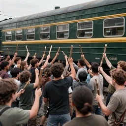 a lot of aggressive a crowd of people, holding sticks and stones, against the background of a dark green train, realistic, 4 k, ultra render, unreal engine