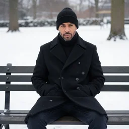 Kevin Malone wearing a black beanie hat and black wool overcoat sitting on a park bench during the winter