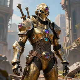 Destiny 2 Guardian in steampunk armor, city ruins background, intricate and beautiful details, trending on Artstation, realistic, vibrant