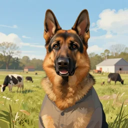 farm life portrait of furry anthro anthropomorphic german shepard head animal person fursona wearing clothes in ohio, sunny day, digital art by Nerdrum John, William Waterhouse, Winslow Homer, Alex Heywood, Jordan Grimmer, Darren Quach, Greg Rutkowski, Simon Stalenhag, trending on Artstation, CGSociety