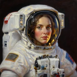 female astronaut portrait, atmospheric lighting, painted, intricate, volumetric lighting, beautiful, rich deep colors masterpiece, golden hour, sharp focus, ultra detailed, by leesha hannigan, ross tran, thierry doizon, kai carpenter, ignacio fernandez rios