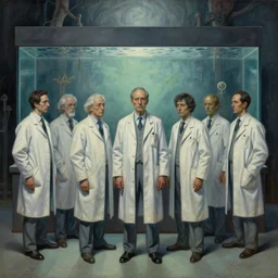 a group of scientists standing in front of a large aquarium, an ultrafine detailed painting by jose clemente orozco, cgsociety, massurrealism, matte drawing, lovecraftian, dystopian art