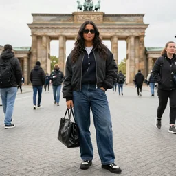 photo of a female streetwear blogger in berlin from the year 1925,  Fullbody color wideangle mediumshot dolly camera 4k 8k 130mm hd detailed, photo looks like it was taken in 2022