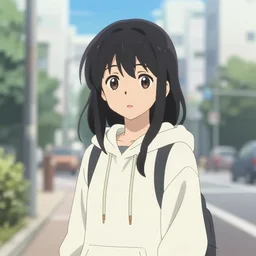 black haired girl wearing hoodie, city bright daylight background, anime by shinkai makoto