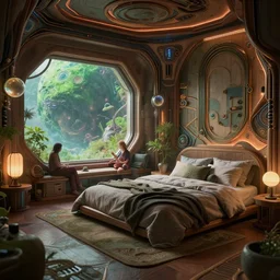 a futuristic cozy japandi uninhabited bedroom from oblivion movie, by wlop and james jean jhonseru jsezz artstation and jung yeon min and aaron de leon and neill blomkamp, with some fine wood and neon light details, art deco biomechanical details, lens orbs, global illumination, with a window overlooking a lush green alien planet, lounge, architectural, volumetric lighting, granular detail, japandi, hyperrealist, uninhabited, micro details, blender, vray