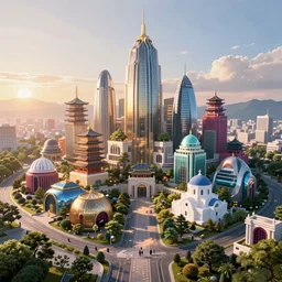 Utopia, sunrise over the perfect city-state, a city blending high-tech and natural beauty, fusion of Japanese and Greek architecture, vibrant, futuristic and utopian architecture