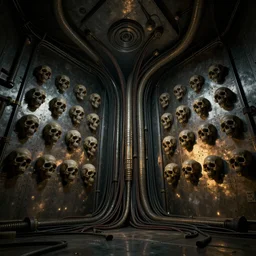 creepy cinematic low angle shot of a realistically rendered metal room with tubes and cables coming out of the ceiling and a wall of skulls, dramatic lighting, moody lighting, dark colors, golden ratio, rule of thirds, environmental design, cinematic perspective, 8 k, realistic lighting, realistic shading, octane render