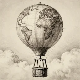“an old technical drawing of a hot air balloon between clouds, the balloon fabric is made of a round spherical world map of the earth. sepia. The basket is woven of wood.”