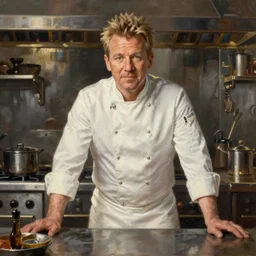 Medium full shot of Gordon Ramsay wearing a chef uniform in a kitchen, oil painting, grand manner style