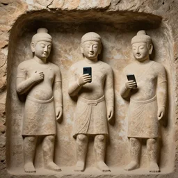 archaeological discovery, ancient cave sculptures depicting modern humans with smartphones. photorealistic, award winning journalism.