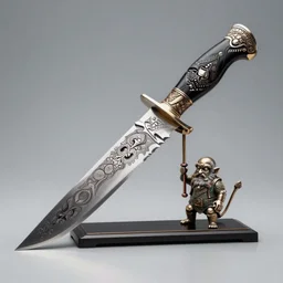an elaborate highly detailed engraved damascus steel knife forged by ancient dwarfs on a stand in a studio lit black backdrop, product photography, instagram, lotr, unreal engine 5, octane render, 3 d, realisitc, award winning, artgem, rule of thirds