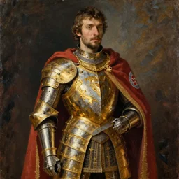 man in 15 century decorated with gold crusader armor and cape with kingdom of jerusalem insignia oil painting