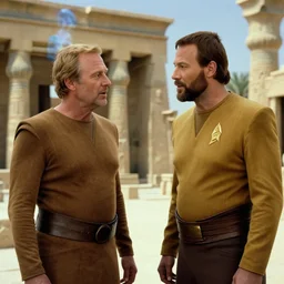 captain jean - luc picard having a conversation with charles xaiver in ancient egypt