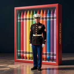 united states marine in full dress standing in front of a giant colorful box of crayons photo detailed