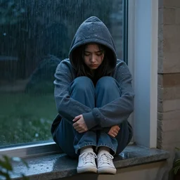 outdoors : sadie sink in hoodie sits on windowsill, knees tucked in | rain falls at night : storyboard, scifi cyberpunk. by gabriel hardman, joe alves, chris bonura. cinematic atmosphere, detailed and intricate, perfect anatomy