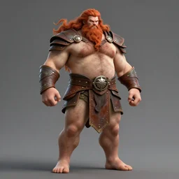 ginger viking with flowing long wavy hair in leather armor, very pale, very hairy chest, bare chest, very thick thighs, bare legs, husky body type, big muscles, very tall, strong, powerful, majestic, imposing, full body picture, matte painting, concept art, 4 k