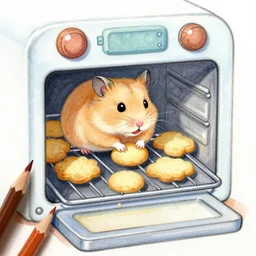 light brown hamster baking cookies into a oven, colorful drawing, pencil