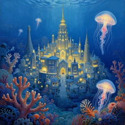 a beautiful painting of the city of atlantis, with glowing lights, corals and jellyfish, intricate, elegant, highly detailed, digital painting, artstation, concept art, by krenz cushart and artem demura and alphonse mucha