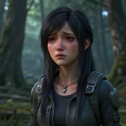 a crying girl in the woods, sci - fi, detailed portrait, 3 d