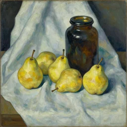 still life of pears and jars over drapery, artwork by egon schiele