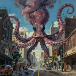 stormy squid tentacles in sky. very low angle. very detailed painting by ghibli studios, futuristic. dreamlike. weird. horrific. wet asphalt. city street at 1 9 5 0 s. low angle. old photo. atmospheric. skyscrapers. vivid colours, mysterious. epic scene. 4 k. very high detailed.