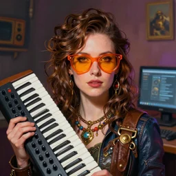 portrait of a woman with brown hair, orange glasses, synthesizer, computer, steampunk, vivid colors, vibrant by Rebecca Guay