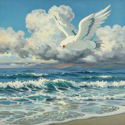 clouds and wings and waves, by studio ghibli painting, by Joaquin Sorolla rhads Leyendecker, An aesthetically pleasing, dynamic, energetic, lively, well-designed digital art of a beach, ripples, waves, sea foam, light and shadow, ocean caustics, overlaid with aizome patterns, by Ohara Koson and Thomas Kinkade, traditional Japanese colors, superior quality, masterpiece