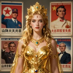 portrait of a Colombian gold goddess, North Korean propaganda poster and Soviet propaganda poster and American propaganda poster