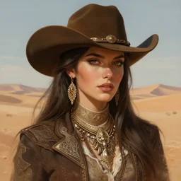 stunning cowboy woman portrait, desert background, fantasy, intricate, elegant, highly detailed, digital painting, artstation, concept art, smooth, sharp focus, illustration, art by afshar petros and krenz cushart and artem demura and alex alice and tony sandoval