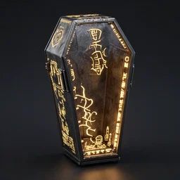 Coffin with glowing runes, octane render, realistic, photograph