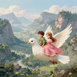 two princes and a princess flying on a giant pigeon in the distance, landscape illustration, beautiful mountains in the distance, fairy-tale illustration, high detail - n 5
