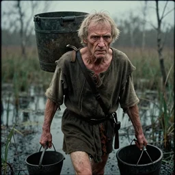 movie still close - up portrait of one skinny old male in medieval clothes carrying a bucket walking in a swamp mud, cinestill 8 0 0 t 3 5 mm eastmancolor, heavy grain, high quality, noir, natural textures, photorealistic, ambient occlusion, hd, ultra wide lens, anamorphic, detailed face