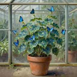 botanical illustration blue - green butterflyplant, bush, blue butterflies small butterflies on vines butterflies growing!!! on vines from the plant, in the vintage pot, herbology, glass greenhouse, matte painting, highly detailed, masterpiece, oil on canvas, rutkowsky, wlop, artgerm, levitan, rembrandt,