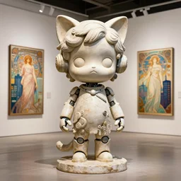 3 d octane render, ultra photorealistic, 8 k hyper detailed, a very cute roman statue robot of the anthropology, cat ears, cyberpunk, birds f cgsociety, in a contemporary art gallery, in neo tokyo, artwork by alphonse mucha