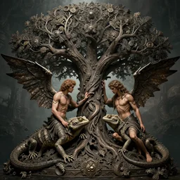 Adam and eve with winged lizard, the tree of life, maximalist, high detail, 8k, ornate, dark fantasy, realistic, masterpiece, complex, WLOP, film still from the movie directed by Denis Villeneuve, wide angle