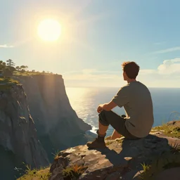 a man sitting on a cliff watching the sun shining bright, painting, digital art, harsh lighting, trending on art station, art by greg rutkowski and andreas rocha, 8 k