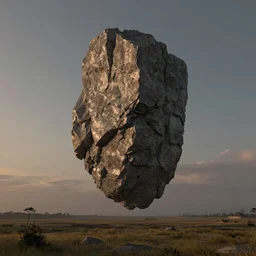 a huge jagged monolith hovers above a field, dusk light, unreal engine, matte painting, trending on artstation, 4k, by John Berkey