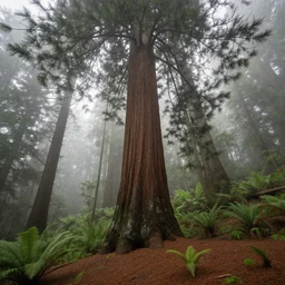 A large Douglas Fir tree in a mountainous forest environment in Northern California, misty, ground covered in ferns and pine needles, foggy, early morning haze, June 12th, 2013, beautiful photography, National Geographic, iNaturalist