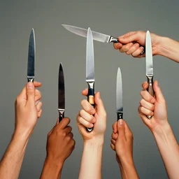 extremely detailed studio photograph of different hands holding a knife. surreal photograph, lo - fi, polished look, solid background, silly and serious, hermes ad, fashion photography, toiletpaper magazine by pierpaolo ferrari and maurizio cattelan, 3 5 mm photograph, colourful, david lachapelle, canon eos c 3 0 0, 8 k, medium - format print