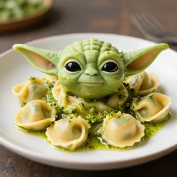 award winning food photography. yoda head shaped tortellini pasta with bubbling swamp slime pesto