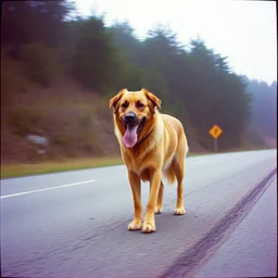 a misteriuos old film photography of a giant dog near the road, little motion blur