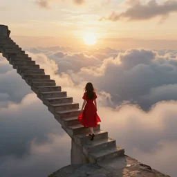 a girl in a red dress climbing'' infinite stairs to heaven'' middle / top view, sunset light, cinematic image, hyperrealistic, 4 k