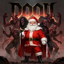 ( doom ) cover featuring santa!! claus!! surrounded by demons, by jimmy presler, artstation